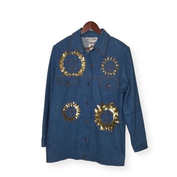 NWT Vintage Dead Stock Denim Jacket with Sequin Gold Suns Size Small. - Picture 1 of 9